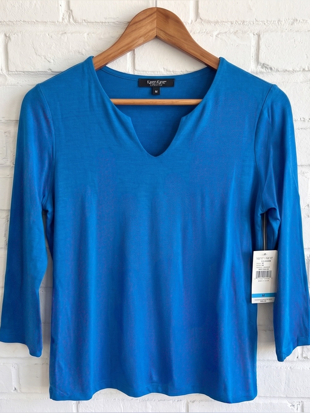 NWT Karen Kane Aquamarine Split-Neck Essential 3/4 Sleeve T-Shirt Top